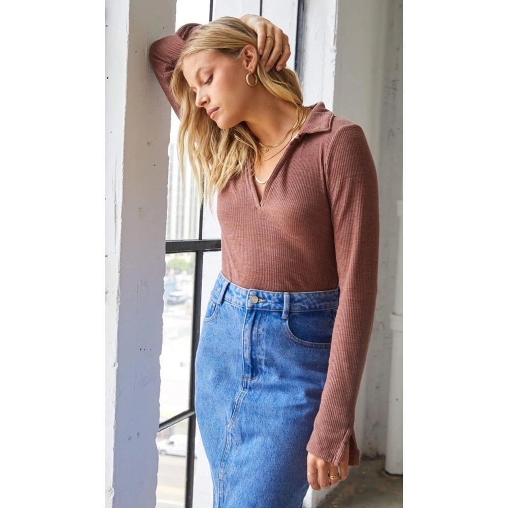 NWT Project Social T‎ collared rib long sleeve Shirt X-Small Soft  MSRP $88